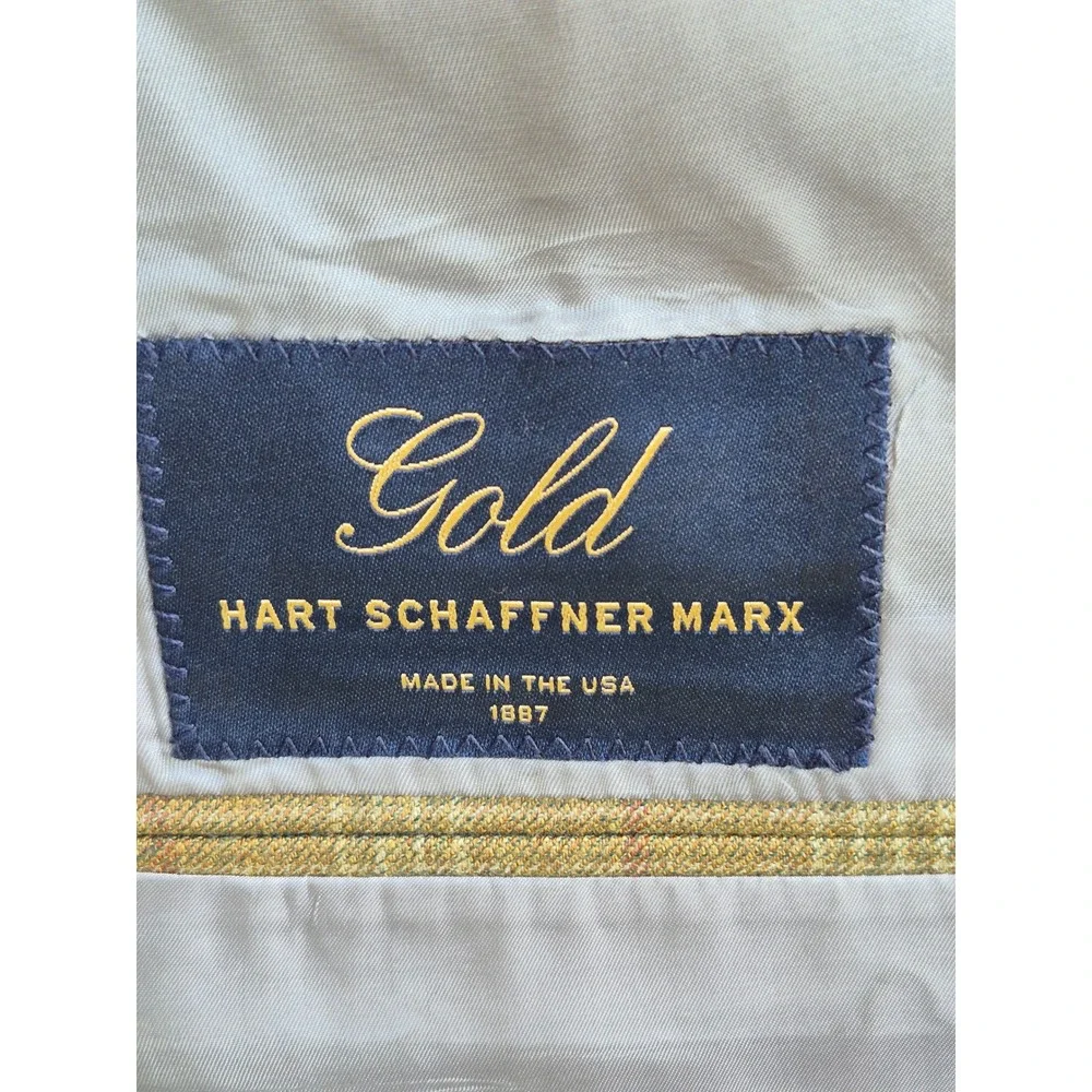 Hart Schaffner‎ Marx Mens Gold Olive Brown Plaid Blazer Sport Coat USA Tan 40 R